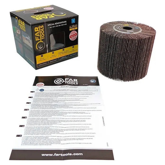 Fartools Bürstenwalze Lamellen für ebenes Holz - Passend für: Fartools Multischleifer Satiniermaschine REX 120C, Geeignet für: Holz, 1 Stk. - Far Tools Schleifmop mit Verpackung und Anleitung.