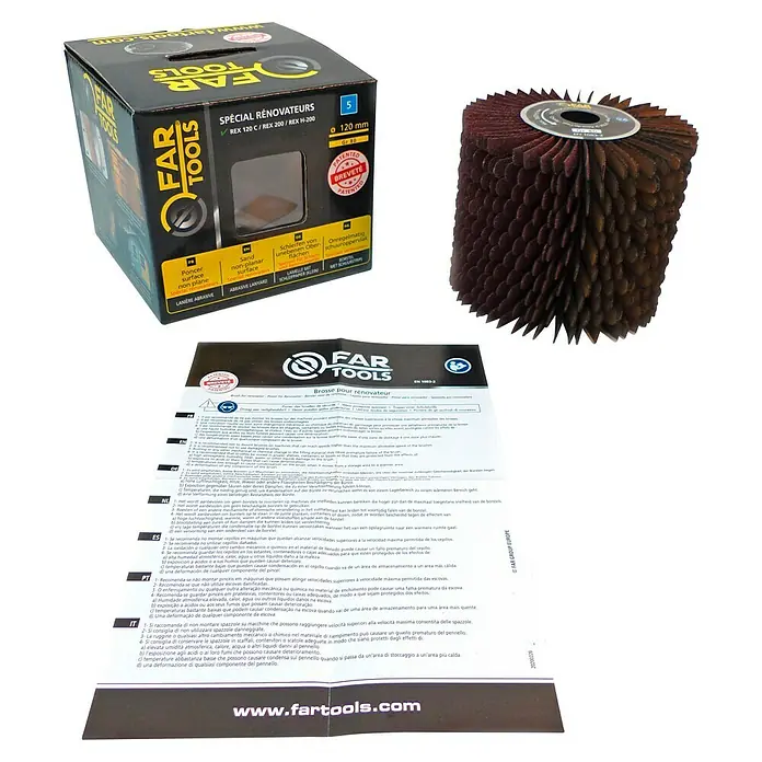 Fartools Bürstenwalze Lamellen für gekrümmtes Holz - Passend für: Fartools Multischleifer Satiniermaschine REX 120C, Geeignet für: Holz, 1 Stk. - Far Tools Schleifbürste für Renovierungsarbeiten mit Schleiflamellen für unebene Flächen. Ideal für Holz und Metall.