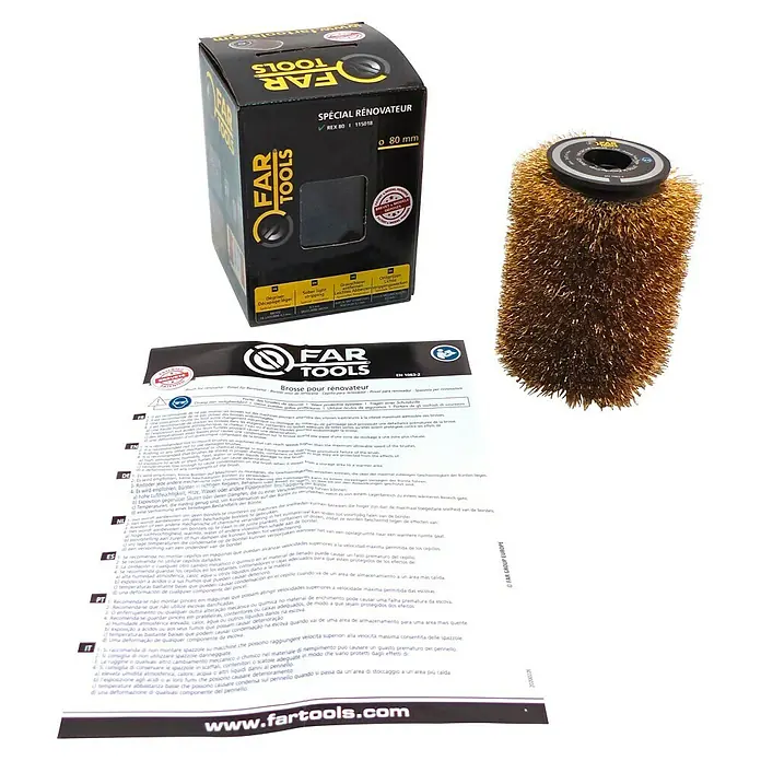 Fartools Bürstenwalze Kupferdrahtbürste - Durchmesser: 8 cm, Geeignet für: Holz - FAR Tools Spezial Renovierer Set: Enthält eine Bürste, eine Verpackung und Anweisungen für die Renovierung.