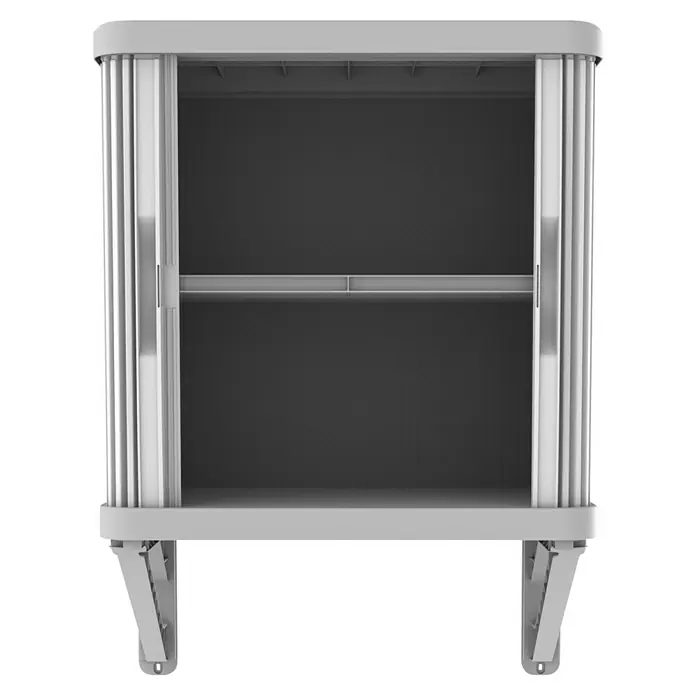 Terry Kunststoff-Mehrzweckschrank Rolling Space Wall - L x B x H: 36 x 59 x 59,5 cm - Aufnahme eines grauen Kunststoffschranks mit Rolltüren und einer Stange, der an einer schwarzen Wand montiert ist.