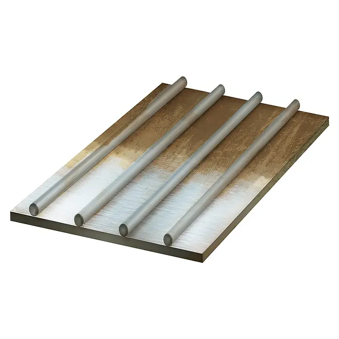 Fartools Bürstenwalze - Geeignet für: Metall - Bild eines Metallblechs mit vier zylindrischen Stäben darauf. Ideal für industrielle Anwendungen und Designprojekte.