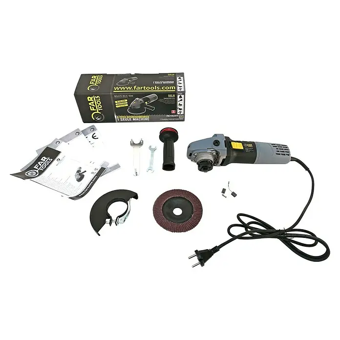 Fartools Multischleifer Multi-Rex 900 - 900 W, Durchmesser Scheibe: 125 mm, 1.300 U/min - 4.000 U/min - Das Bild zeigt einen Far Tools Multi-Rex 900 Winkelschleifer mit Zubehör.