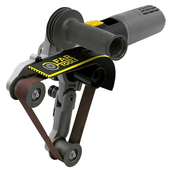 Fartools Schleifaufsatz Rohrbandschleifer - Passend für: Fartools Multischleifer Multi-Rex 900 - Abbildung eines FAR Tools Bandschleifers, ein praktisches Werkzeug zum Schleifen und Polieren verschiedener Materialien.