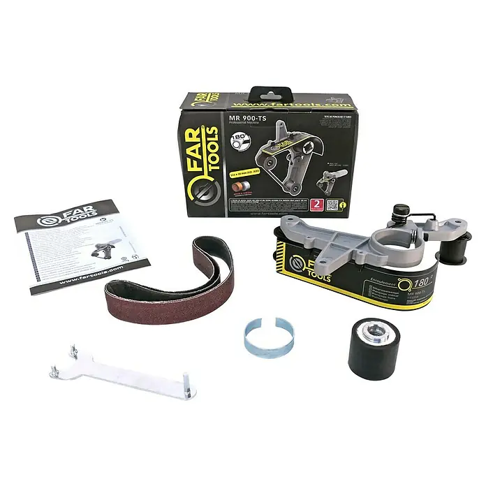Fartools Schleifaufsatz Rohrbandschleifer - Passend für: Fartools Multischleifer Multi-Rex 900 - FAR Tools MR 900-TS Rohrbandschleifer Set. Das Set beinhaltet Werkzeug, Schleifbänder und Zubehör für professionelles Schleifen von Rohren.