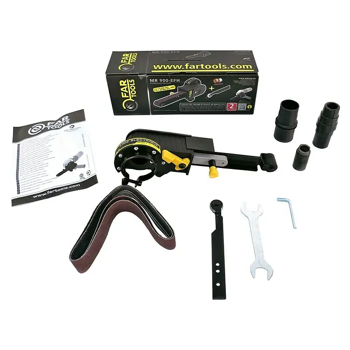 Fartools Schleifaufsatz Bandfeile - Passend für: Fartools Multischleifer Multi-Rex 900, 2 -tlg. - Das Bild zeigt das FARTOOLS MR 900-EFH Werkzeug mit Zubehör, das für professionelle Schleifarbeiten entwickelt wurde.