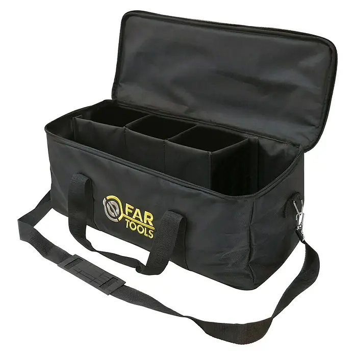 Fartools Werkzeugtasche MyRexbag - L x B x H: 530 x 230 x 200 mm, Passend für: Fartools Multischleifer REX 120C, Polyester - Schwarze Werkzeugtasche von FAR Tools mit gelbem Logo, offen mit Fächern und Tragegurt.