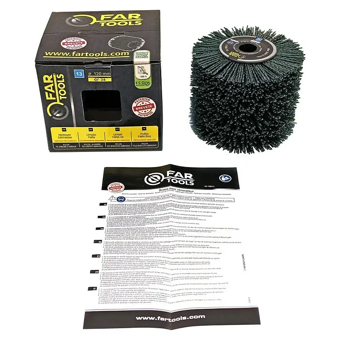 Fartools Bürstenwalze Nylondrahtbürste - Passend für: Fartools Multischleifer REX 120C - Produktbild einer FAR Tools Bürste zur Oberflächenbearbeitung, zusammen mit Verpackung und Anleitung.