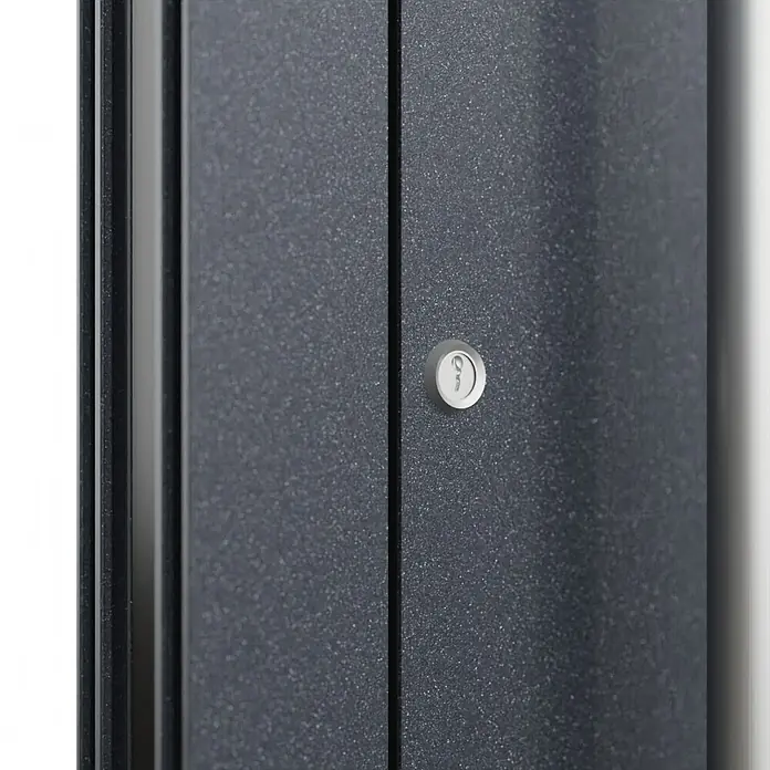 FM Türen Haustür FM90-51 - 110 x 210 cm, DIN Anschlag: Links, Anthrazit - Nahaufnahme eines modernen, grauen Sicherheitstürschlosses, das Design und Funktionalität vereint.
