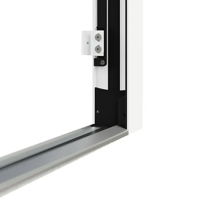 FM Türen Haustür FM90-51 - 110 x 210 cm, DIN Anschlag: Links, Weiß - Detailansicht eines modernen Duschkabinenrahmens mit klaren Linien und minimalistischem Design, das die hochwertige Verarbeitung hervorhebt.