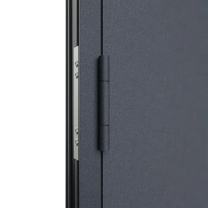 FM Türen Haustür FM90-51 - 110 x 210 cm, DIN Anschlag: Links, Anthrazit - Detailaufnahme eines schwarzen Schranks mit einem robusten Scharnier, das Stabilität und Langlebigkeit verspricht.
