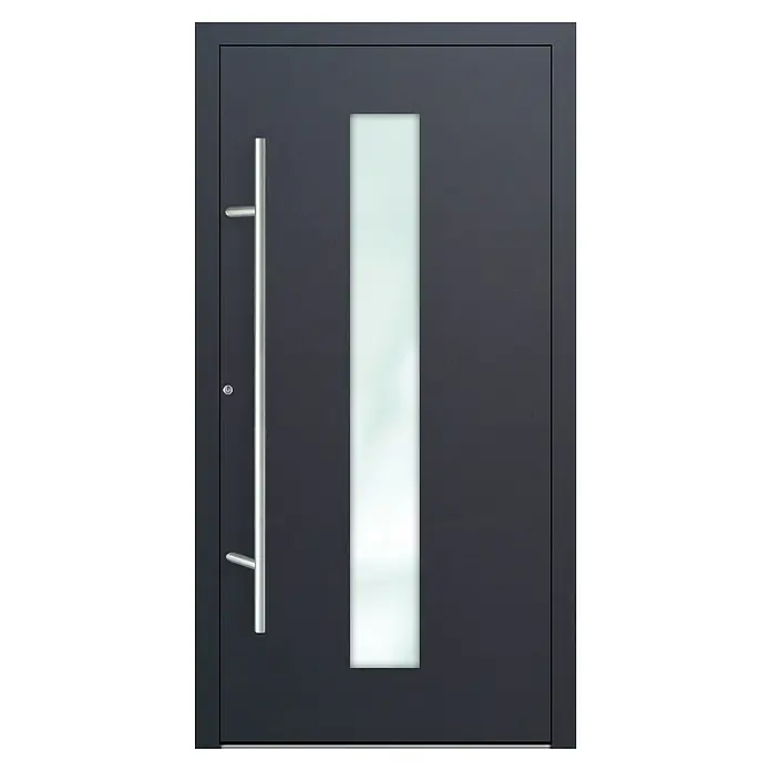 FM Türen Haustür FM90-51 - 110 x 210 cm, DIN Anschlag: Links, Anthrazit - Moderne Haustür mit Glasausschnitt und langem, vertikalem Griff aus Edelstahl für einen stilvollen Eingangsbereich.