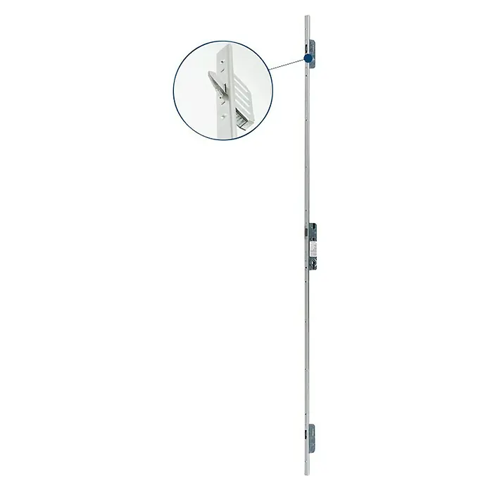 FM Türen Haustür AS68-05 - 110 x 210 cm, DIN Anschlag: Links, Anthrazit - Die Abbildung zeigt einen Türriegel mit verstärkten Sicherheitsmerkmalen und einer detaillierten Nahaufnahme des Verriegelungsmechanismus.