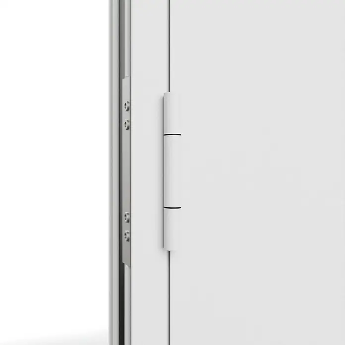 FM Türen Haustür FM90-51 - 110 x 210 cm, DIN Anschlag: Links, Weiß - Detailaufnahme eines weißen Türscharniers, das an einer weißen Tür befestigt ist und für einen minimalistischen und modernen Look sorgt.