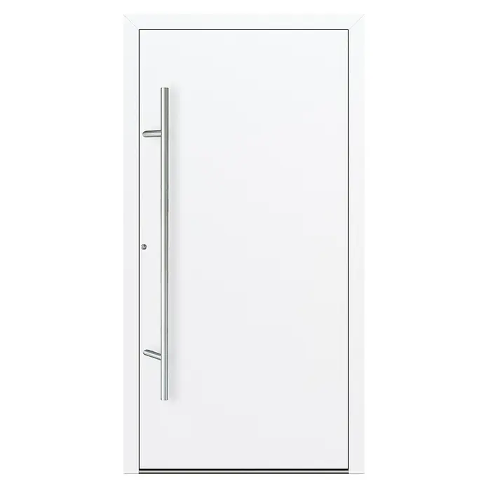 FM Türen Haustür FM90-00 - 110 x 210 cm, DIN Anschlag: Links, Weiß - Elegante weiße Haustür mit modernem, langen Griff und schlichtem Design, die einen einladenden Eingang in Ihr Zuhause schafft.