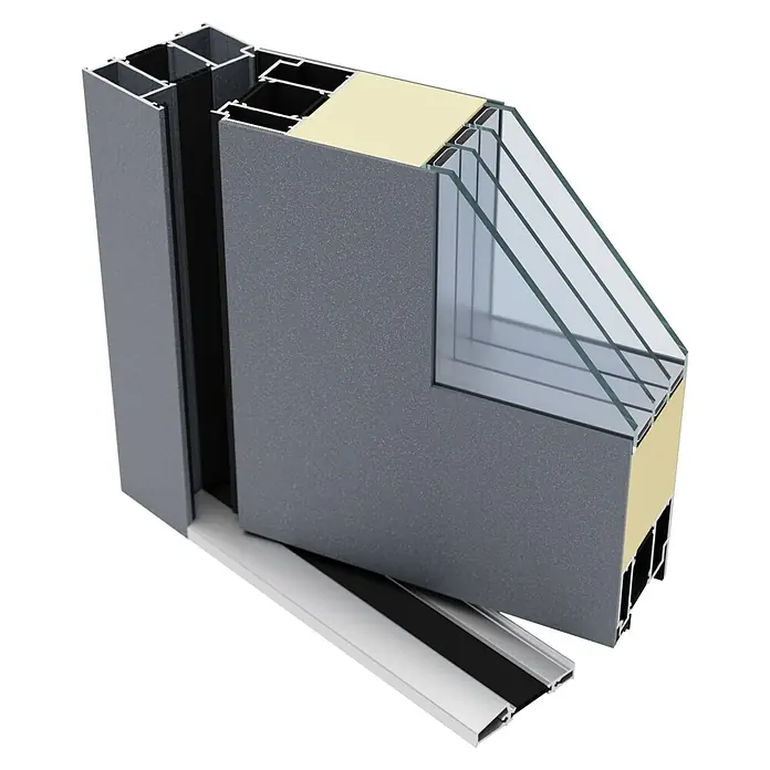 FM Türen Haustür FM90-51 - 110 x 210 cm, DIN Anschlag: Links, Anthrazit - Detailaufnahme eines modernen Türrahmens mit Mehrfachverglasung und hochwertigen Aluminiumprofilen für energieeffizientes Bauen.