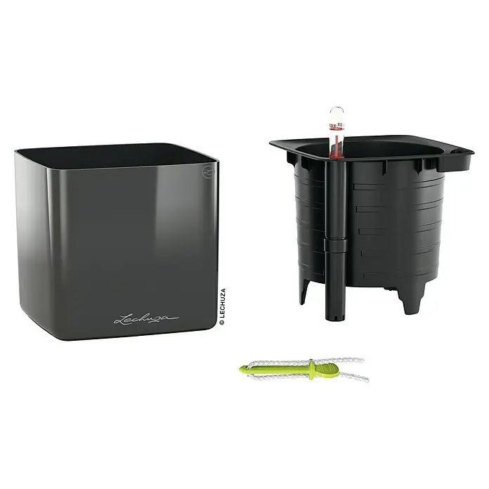 Lechuza Kräuterkasten Cube Glossy - Außenmaß (L x B x H): 14 x 14 x 13,5 cm, Kunststoff, Grau, Glänzend - Lechuza Classico LS 21 Komplettset in Schiefergrau, bestehend aus Pflanzgefäß, Einsatz, Wasserstandsanzeiger und Bewässerungssystem.