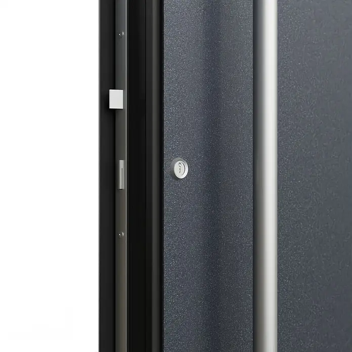 FM Türen Haustür FM90-51 - 110 x 210 cm, DIN Anschlag: Links, Anthrazit - Nahaufnahme einer modernen, grauen Haustür mit silbernem Griff und Schloss. Die Tür wirkt robust und sicher.