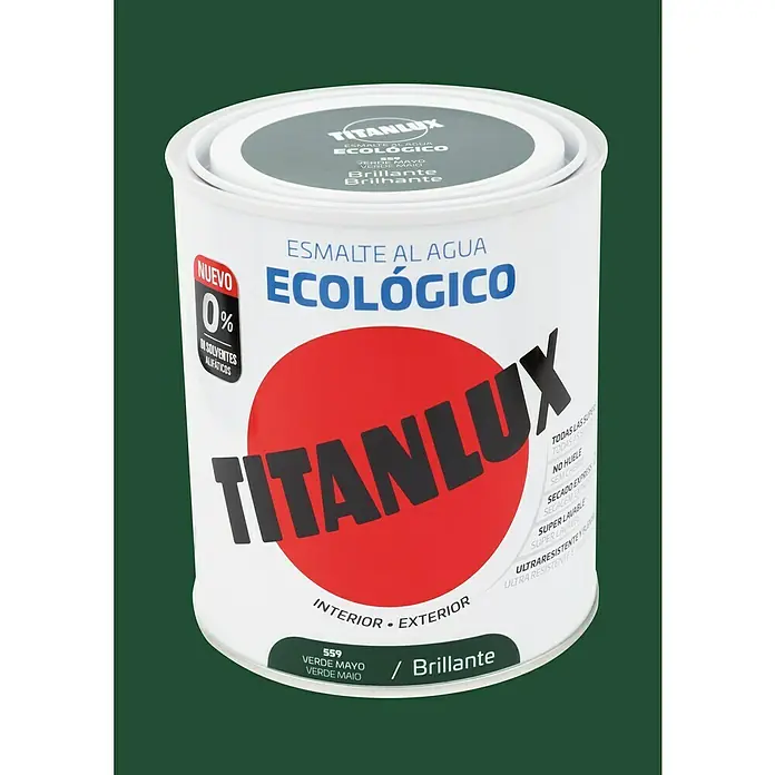 Titanlux Esmalte de color Eco - Verde mayo, Reluciente, 750 ml, Base de agua - Una lata de pintura TITANLUX Esmailte al Agua Ecológico, una pintura al agua con fórmula ecológica en verde.