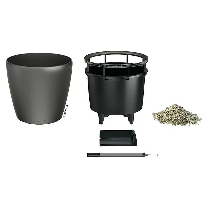 Lechuza Classico Pflanztopf Premium LS - Außenmaß (Ø x H): 43,5 x 39,5 cm, Kunststoff, Anthrazit Metallic - Einzelteile eines LECHUZA Pflanzgefäßes, bestehend aus Übertopf, Pflanzeinsatz, Wasserstandsanzeiger und Substrat für eine optimale Bewässerung.