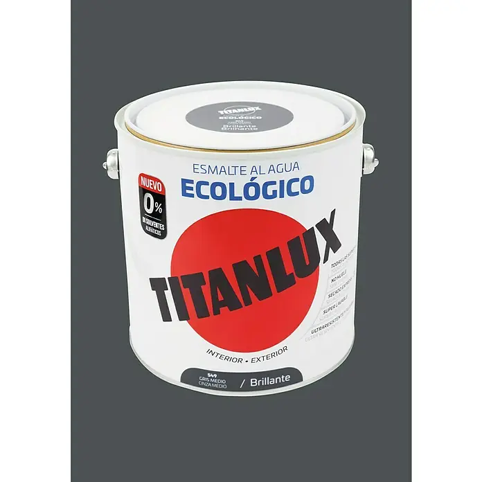 Titanlux Esmalte de color Eco - Gris medio, Reluciente, 2,5 l, Base de agua - Bote de pintura al agua Titanlux Ecológico en gris. Pintura ecológica para interiores y exteriores, ideal para proyectos sostenibles.