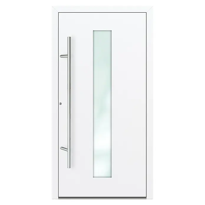 FM Türen Haustür FM90-51 - 110 x 210 cm, DIN Anschlag: Links, Weiß - Weiße Haustür mit vertikalem Glaseinsatz und einem langen, silberfarbenen Griff an der linken Seite.