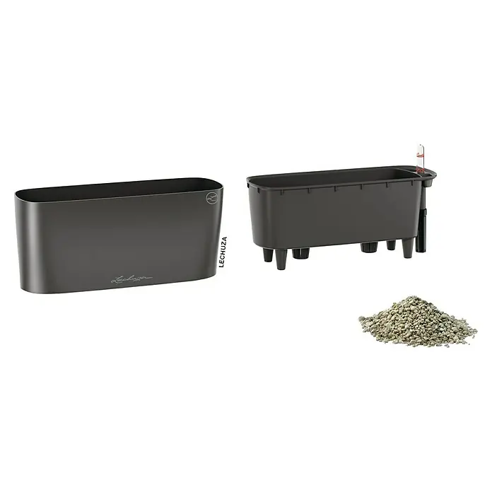 Lechuza Pflanzkasten Delta - Außenmaß (L x B x H): 30 x 11 x 13 cm, Kunststoff, Anthrazit metallic - Abbildung eines Lechuza Pflanzgefäßes mit Bewässerungssystem und Pflanzgranulat, ideal für die stilvolle und einfache Pflanzenpflege im Innenbereich.