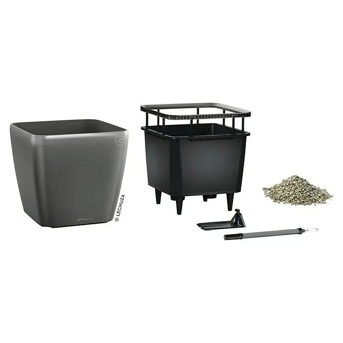 Lechuza Pflanzkasten Quadro Premium - Außenmaß (L x B x H): 35,5 x 35,5 x 32,5 cm, Kunststoff, Grau - Produktansicht eines LECHUZA CUBICO Color Pflanzgefäßes in Schiefergrau mit Zubehör, das ein komplettes System für stilvolles Indoor-Gärtnern bietet.