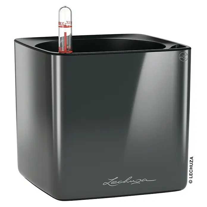 Lechuza Kräuterkasten Cube Glossy - Außenmaß (L x B x H): 14 x 14 x 13,5 cm, Kunststoff, Grau, Glänzend - Schwarzer Lechuza Blumentopf mit Wasserstandsanzeiger für eine optimale Bewässerung Ihrer Pflanzen.