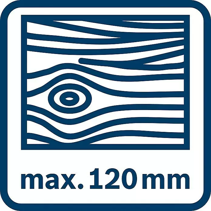 Bosch Professional AMPShare 18V Sierra de calar de batería GST 18V-LI L-Boxx - 18 V, Sin batería, Número de carreras marcha en vacío: 0 /min - 2.700 /min - Icono azul con veta de madera, nudo y el texto "max. 120 mm", indicando una dimensión máxima para madera.