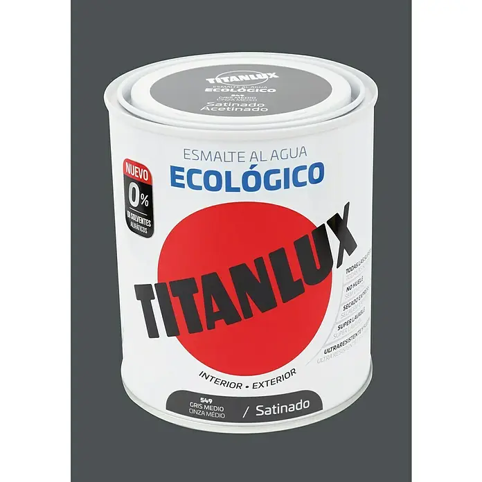 Titanlux Esmalte de color Eco - Gris medio, Satinado, 750 ml, Base de agua - Bote de pintura al agua Titanlux, ecológica, gris medio, acabado satinado, sin disolventes, para interiores y exteriores.