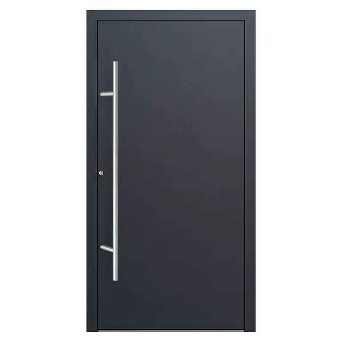 FM Türen Haustür FM90-00 - 110 x 210 cm, DIN Anschlag: Links, Anthrazit - Moderne anthrazitfarbene Tür mit langem, silbernem Griff für einen eleganten Eingangsbereich. Stilvolle Haustür für zeitgemäßes Design.