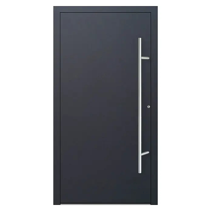 FM Türen Haustür FM90-00 - 110 x 210 cm, DIN Anschlag: Rechts, Anthrazit - Graue Haustür mit langem, silberfarbenem Griff. Das moderne Design und die schlichte Eleganz machen diese Tür zu einem Hingucker.