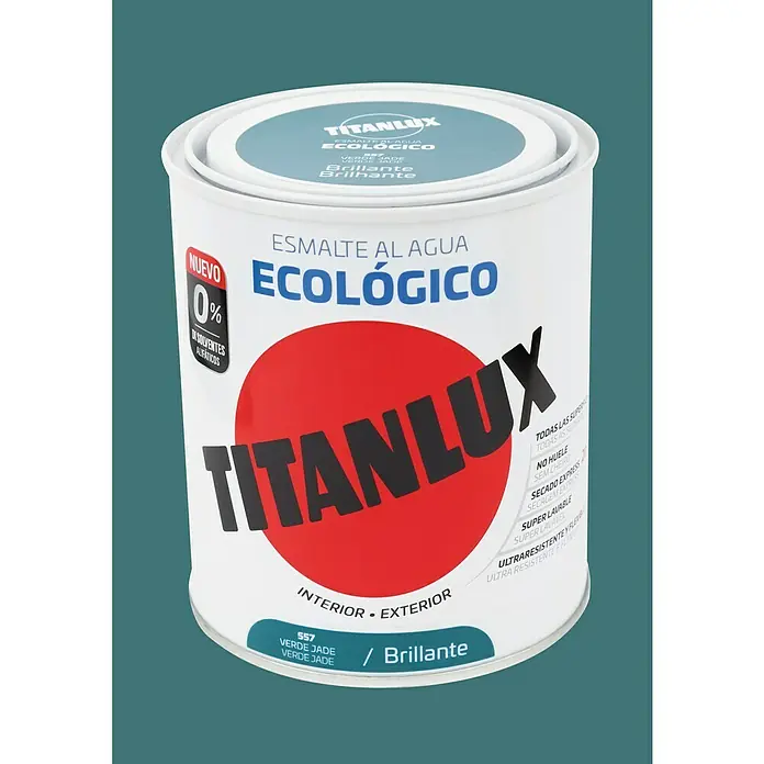 Titanlux Esmalte de color Eco - Verde jade, Brillante, 750 ml, Base de agua - Bote de esmalte al agua Titanlux "Ecologico" en verde jade, acabado brillante. Pintura ecológica para interior/exterior, sin disolventes.
