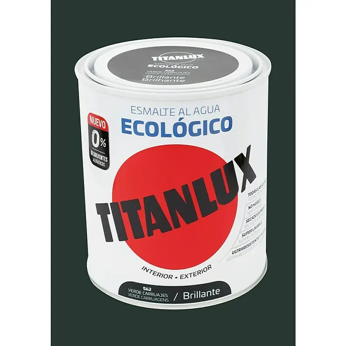 Titanlux Esmalte de color Eco - Verde carruajes, Brillante, 750 ml, Base de agua - Bote de pintura al agua Titanlux, ecológica, color verde, acabado brillante, para interiores y exteriores.
