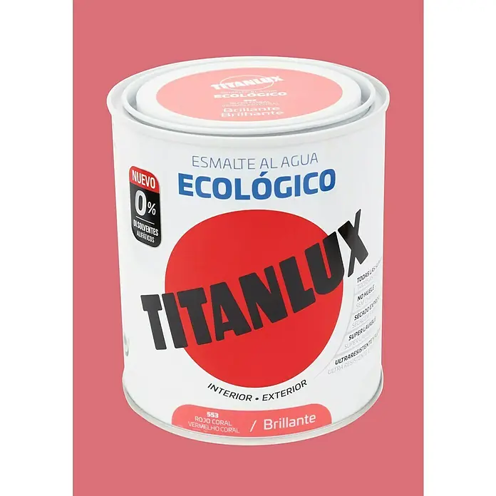 Titanlux Esmalte de color Eco - Rojo coral, Reluciente, 750 ml, Base de agua - Bote de esmalte al agua "Ecologico" de Titanlux en rojo coral, acabado brillante. Pintura ecológica para interior y exterior, sin disolventes.