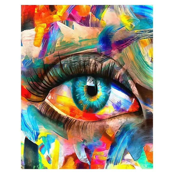 Cuadro alto brillo Ojo Abstracto - Ojo Abstracto, An x Al: 40 x 50 cm, 1 pzs. - Obra de arte abstracta con un ojo azul detallado, rodeado de vibrantes pinceladas en varios colores.
