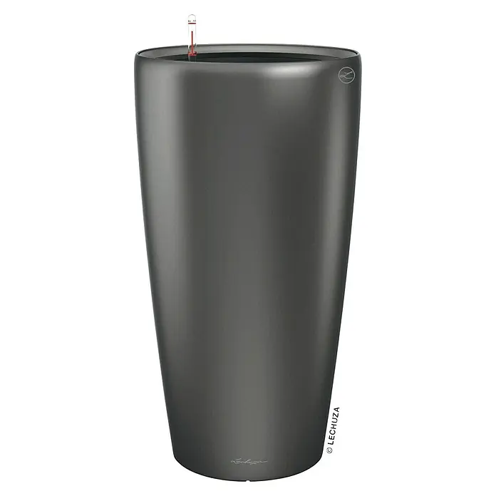 Lechuza Pflanzsäule rund Rondo Premium - Außenmaß (Ø x H): 32,5 x 56,5 cm, Kunststoff, Anthrazit Metallic - Ein schlanker, anthrazitfarbener Pflanzkübel von Lechuza mit einem Wasserstandsanzeiger, ideal für stilvolle Innen- und Außengestaltung.