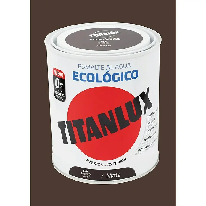 Titanlux Esmalte de color Eco - Tabaco, Mate, 750 ml, Base de agua - Primer plano de una lata de pintura de esmalte al agua TITANLUX, color tabaco, para uso interior y exterior. Ecológica y duradera.