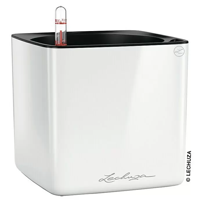 Lechuza Kräuterkasten Cube Glossy - Außenmaß (L x B x H): 17 x 17 x 16 cm, Kunststoff, Weiß, Glänzend - Weißer, quadratischer Lechuza Pflanzkübel mit schwarzem Rand und Wasserstandsanzeiger.