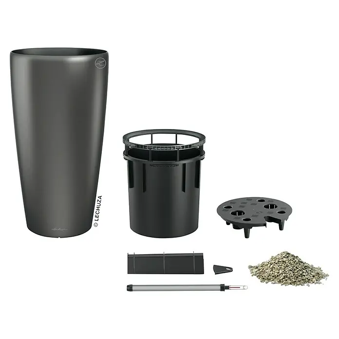 Lechuza Pflanzsäule rund Rondo Premium - Außenmaß (Ø x H): 32,5 x 56,5 cm, Kunststoff, Anthrazit Metallic - Ein Pflanzgefäß-Set in Anthrazit mit allem Zubehör für die Bepflanzung, inklusive Wasserstandsanzeiger und Tongranulat.