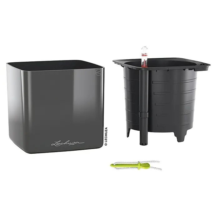 Lechuza Kräuterkasten Cube Glossy - Außenmaß (L x B x H): 17 x 17 x 16 cm, Kunststoff, Grau, Glänzend - Lechuza Classico Premium Pflanzgefäß in Anthrazit mit Bewässerungssystem und Zubehör für einfache Pflanzenpflege.