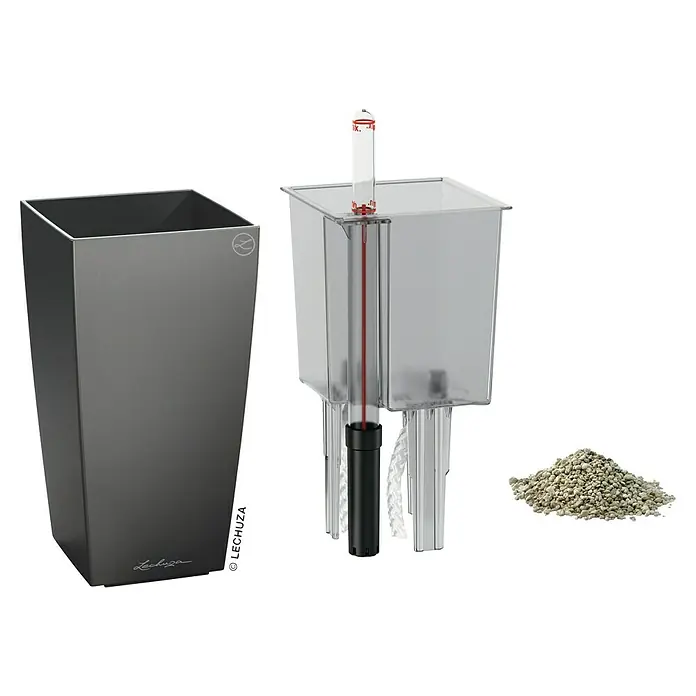 Lechuza Pflanztopf Cubi - Außenmaß (L x B x H): 9,5 x 9,5 x 18,5 cm, Kunststoff, Grau - Nahaufnahme eines Lechuza-Pflanzgefäß-Sets mit Behälter, Bewässerungssystem und Substrat für eine optimale Pflanzenpflege.