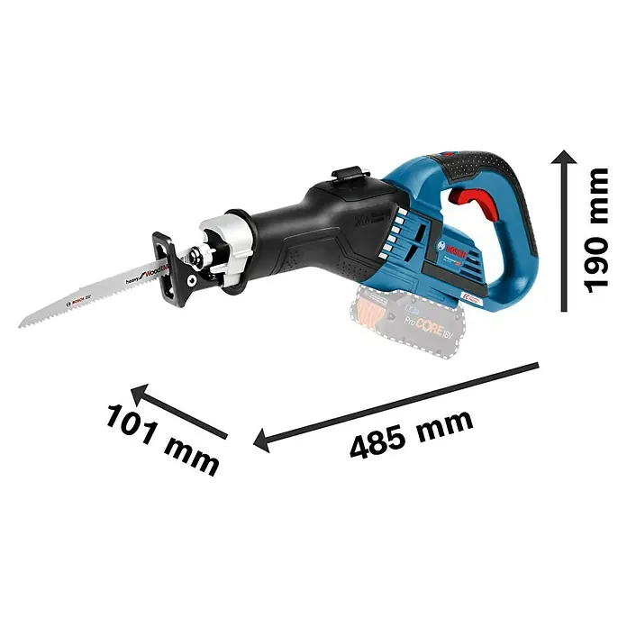 Bosch Professional AMPShare 18V Akku-Säbelsäge GSA 18V-32 - 18 V, Ohne Akku, 0 /min - 2.500 /min, Koffer - Abbildung einer Bosch Akku-Säbelsäge mit den Maßangaben: 190 mm Höhe, 485 mm Länge und 101 mm Breite.