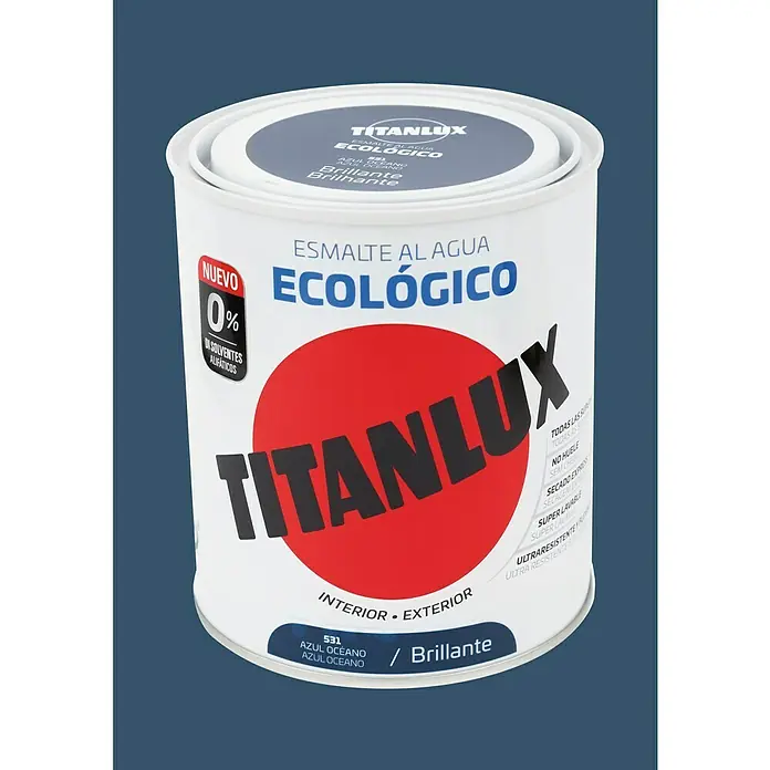 Titanlux Esmalte de color Eco - Azul océano, Reluciente, 750 ml, Base de agua - Bote de pintura esmalte al agua Titanlux Ecologico, color Azul Oceano/Brillante. Ideal para interior y exterior, respetuosa con el medio ambiente.