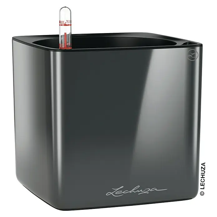 Lechuza Kräuterkasten Cube Glossy - Außenmaß (L x B x H): 17 x 17 x 16 cm, Kunststoff, Grau, Glänzend - Glänzender, anthrazitfarbener Lechuza Cube Pflanzkübel mit Wasserstandsanzeiger für stilvolle Zimmerbepflanzung. Elegantes Design für jeden Raum.