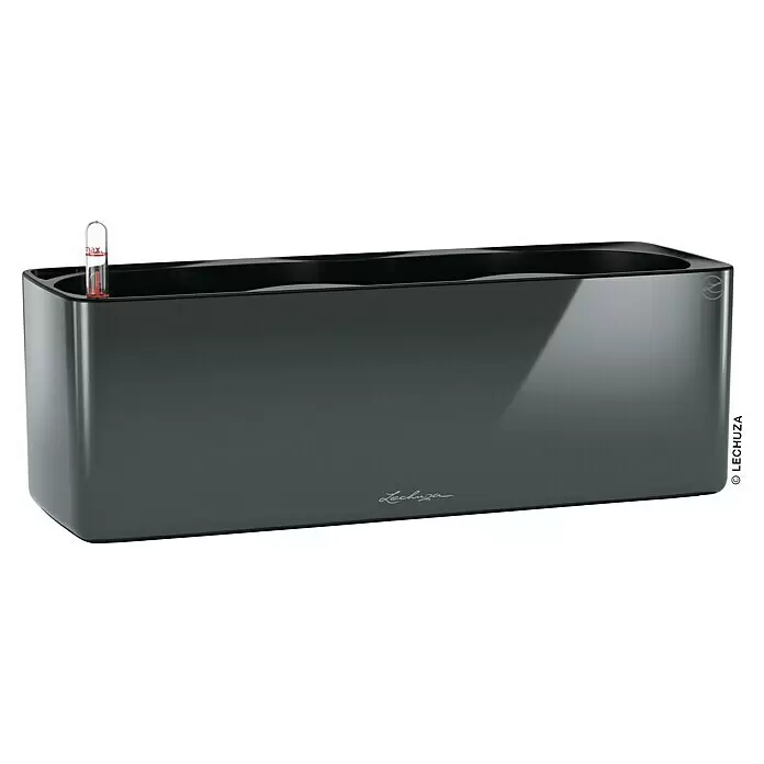 Lechuza Kräuterkasten Cube Glossy Tripple - Außenmaß (L x B x H): 40 x 14 x 13,5 cm, Kunststoff, Grau, Glänzend - Ein glänzender schwarzer, rechteckiger selbstbewässernder Pflanzkasten mit integriertem Wasserstandsanzeiger.