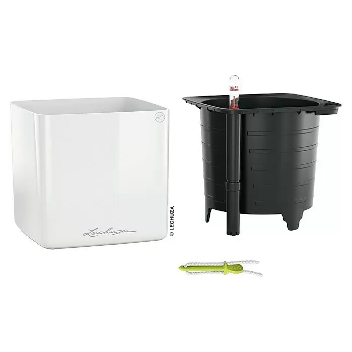Lechuza Kräuterkasten Cube Glossy - Außenmaß (L x B x H): 17 x 17 x 16 cm, Kunststoff, Weiß, Glänzend - Weiße, quadratische Lechuza Pflanzgefäßkomponenten: Außentopf, schwarzer Einsatz mit Wasserstandsanzeiger und grüner Bewässerungsdocht.