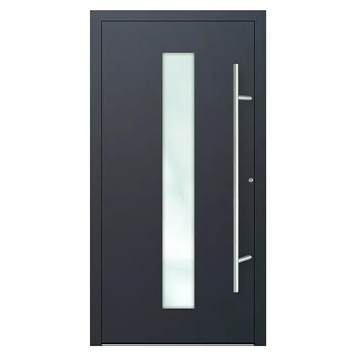 FM Türen Haustür FM90-51 - 110 x 210 cm, DIN Anschlag: Rechts, Anthrazit - Eine moderne Eingangstür in Anthrazit mit einem vertikalen Glaseinsatz und einem langen, silberfarbenen Türgriff.