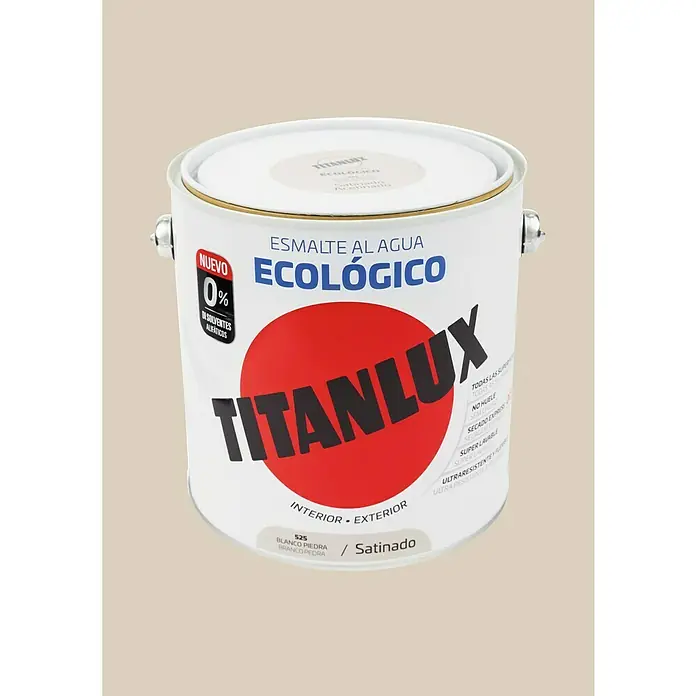Titanlux Esmalte de color Eco - Blanco piedra, Satinado, 2,5 l, Base de agua - Un bote de pintura al agua "Ecologico" de Titanlux en color "Blanco Piedra/Satinado". Ideal para interiores y exteriores, ecológica y sin disolventes.