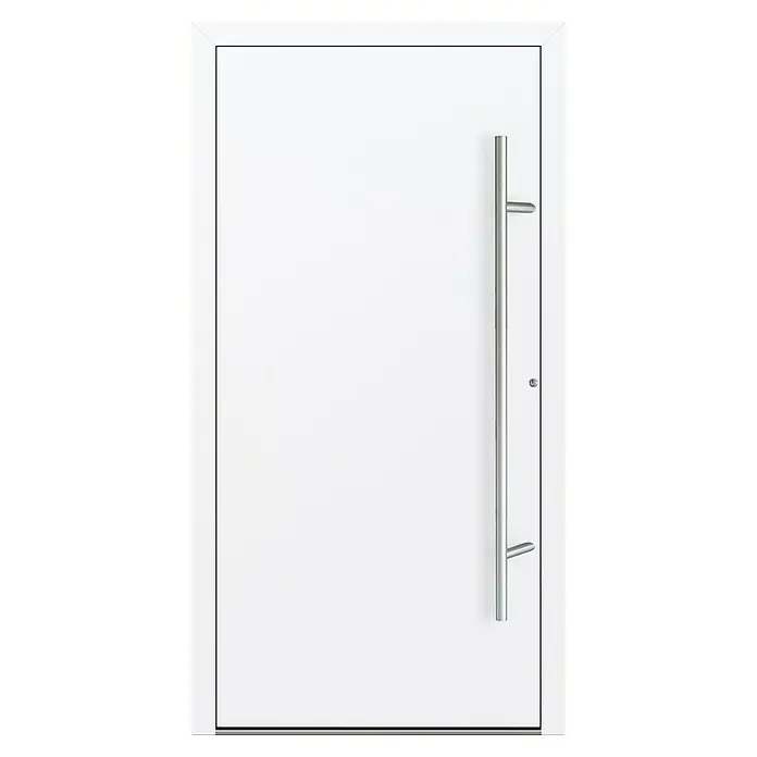 FM Türen Haustür FM90-00 - 110 x 210 cm, DIN Anschlag: Rechts, Weiß - Eine elegante, moderne weiße Tür mit einem langen, silberfarbenen Griff, ideal für einen zeitgemäßen Eingangsbereich. Die klare Linienführung betont das minimalistische Design.